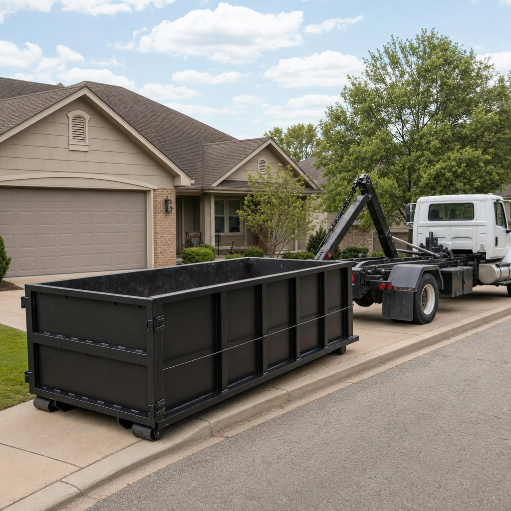 Wide documentary shot of a matte-black roll-off dumpster on a Tallahassee residential driveway in the foreground and a contractor jobsite container in the soft-focus background, bright daylight, calm and orderly composition.