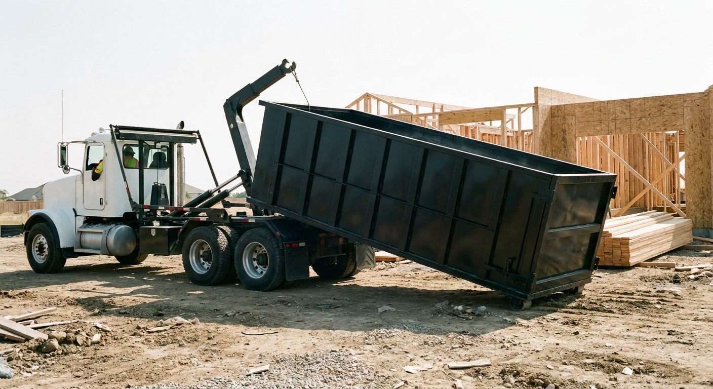 Matte-black roll-off dumpster being delivered onto a clean residential concrete driveway in Tallahassee by an unmarked white hooklift hauler truck, bright morning daylight, documentary 35mm perspective.